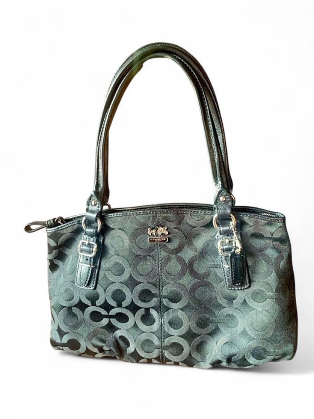 Vintage Coach Mia Op Art Signature Satchel Bag Black Teal Lining